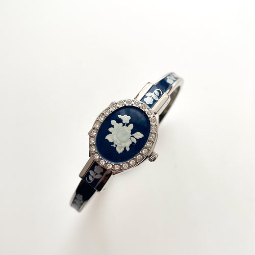 Vintage Andr√© Mouche Quartz Watch with Navy Enamel Floral Design, Concealed Dial and Silver-Tone Bangle Bracelet