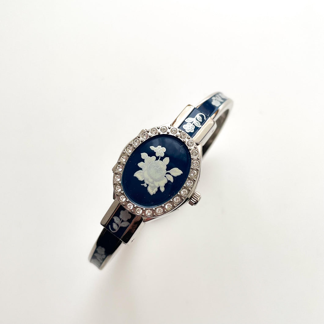 andre mouche時計 Vintage Andre Mouche Quartz Watch with Navy Enamel Floral