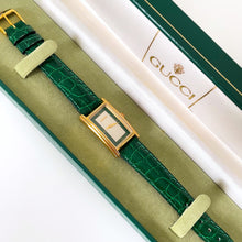 Load image into Gallery viewer, 1990s Gucci Quartz Watch with Rectangular Tank-Style Dial and Green Leather Strap
