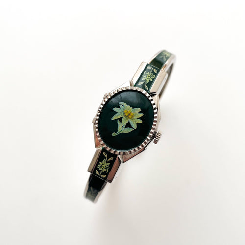Vintage Andr√© Mouche Quartz Watch with Green Enamel Floral Design, Concealead Dial and Silver-Tone Bangle Bracelet