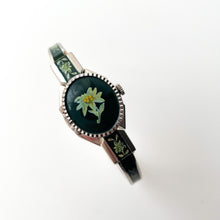 Load image into Gallery viewer, Vintage Andr√© Mouche Quartz Watch with Green Enamel Floral Design, Concealead Dial and Silver-Tone Bangle Bracelet

