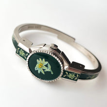 Load image into Gallery viewer, Vintage Andr√© Mouche Quartz Watch with Green Enamel Floral Design, Concealead Dial and Silver-Tone Bangle Bracelet
