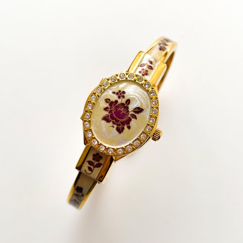 Vintage Andr√© Mouche Quartz Watch with Enamel Floral Design, Concealed Dial and Gold-Plated Bangle Bracelet