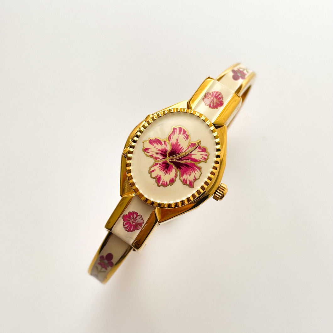 Vintage Andr√© Mouche Quartz Watch with Pink Enamel Floral Design, Concealead Dial and Gold-Plated Bangle Bracelet