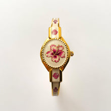 Load image into Gallery viewer, Vintage Andr√© Mouche Quartz Watch with Pink Enamel Floral Design, Concealead Dial and Gold-Plated Bangle Bracelet
