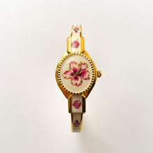 Load image into Gallery viewer, Vintage Andr√© Mouche Quartz Watch with Pink Enamel Floral Design, Concealed Dial and Gold-Plated Bangle Bracelet
