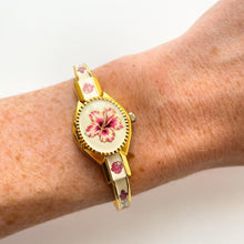 Load image into Gallery viewer, Vintage Andr√© Mouche Quartz Watch with Pink Enamel Floral Design, Concealead Dial and Gold-Plated Bangle Bracelet
