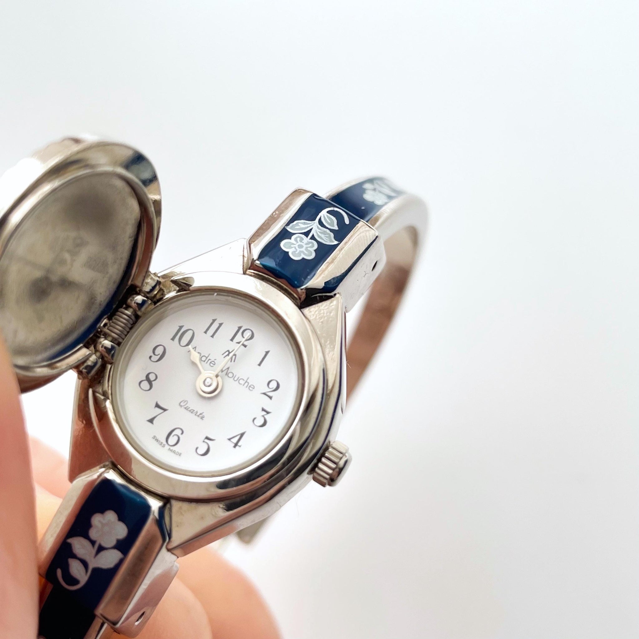 Vintage André Mouche Quartz Watch with Navy Enamel Floral