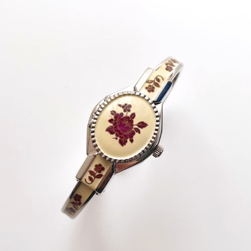 Vintage Andr√© Mouche Quartz Watch with Burgundy Enamel Floral Design, Concealed Dial and Silver-Tone Bangle Bracelet