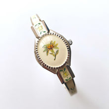 Load image into Gallery viewer, Vintage Andr√© Mouche Quartz Watch with Enamel Floral Design, Concealed Dial and Silver-Tone Bangle Bracelet
