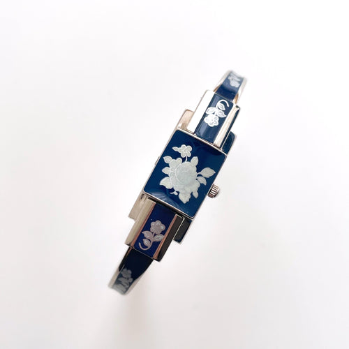 Vintage Andr√© Mouche Quartz Watch with Navy Enamel Floral Design, Concealed Dial and Stainless Steel Bangle Bracelet
