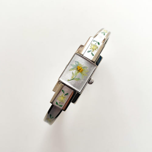 Vintage 1999 Andr√© Mouche Quartz Watch with Enamel Floral Design, Concealed Dial and Stainless Steel Bangle Bracelet