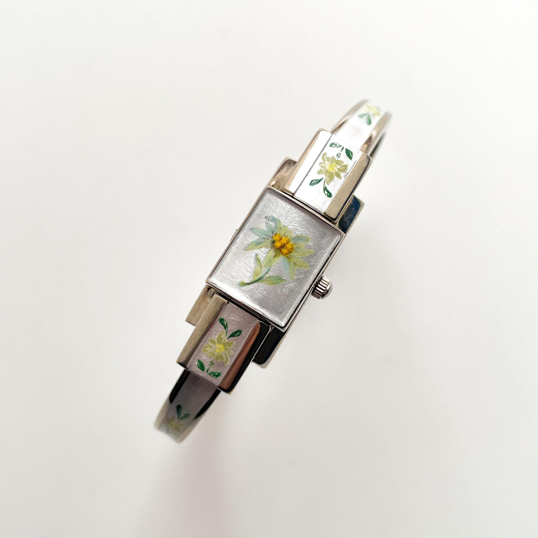 Vintage 1999 Andr√© Mouche Quartz Watch with Enamel Floral Design, Concealed Dial and Stainless Steel Bangle Bracelet