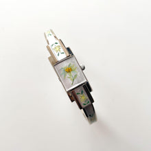 Load image into Gallery viewer, Vintage 1999 Andr√© Mouche Quartz Watch with Enamel Floral Design, Concealed Dial and Stainless Steel Bangle Bracelet
