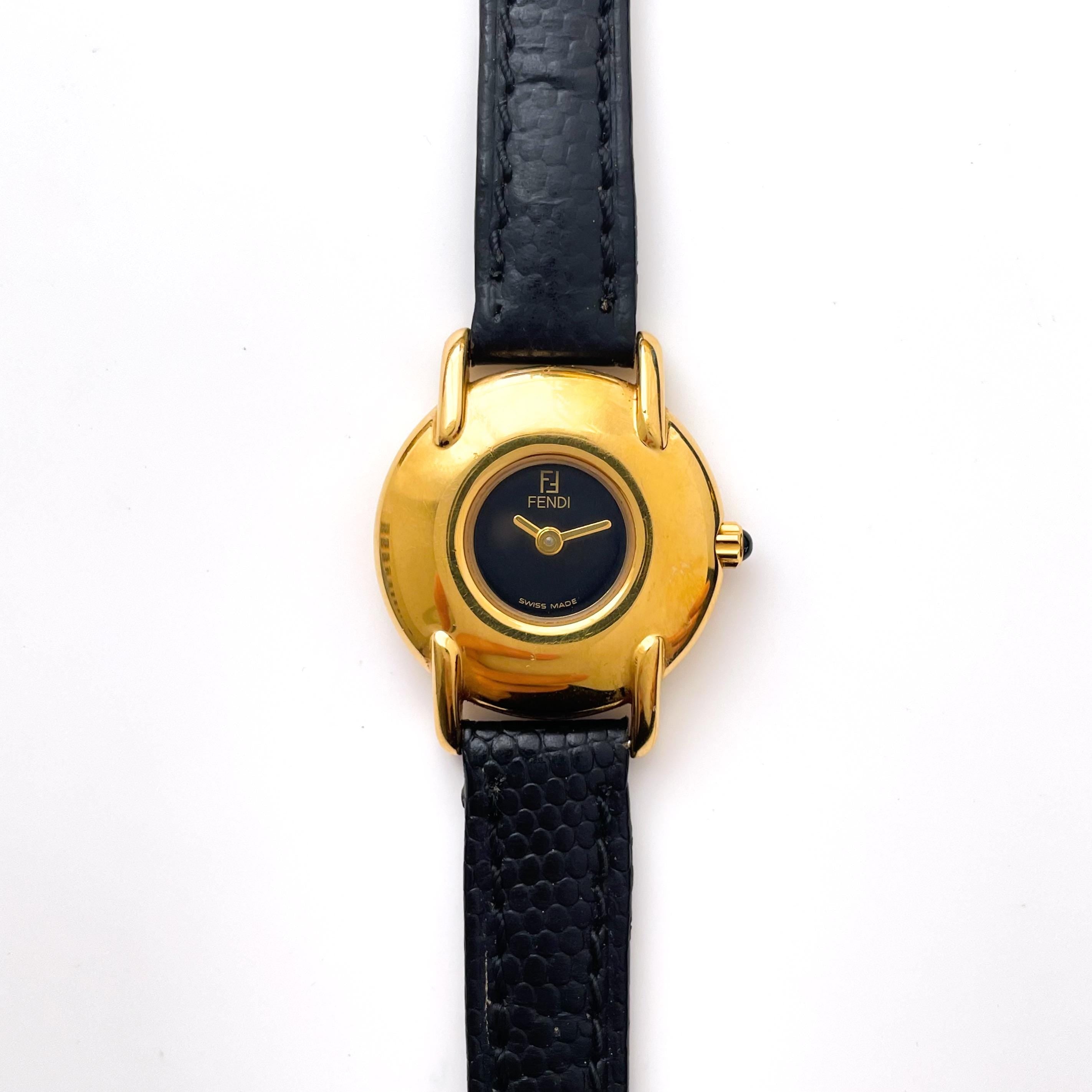 Ladies' Vintage 90s Gold-Plated Fendi Quartz Watch with Black Dial