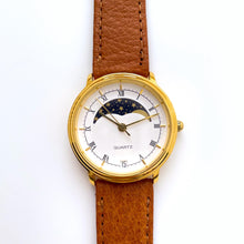 Load image into Gallery viewer, Vintage Unisex Gold-Tone Berkeley Moon Phase Quartz Watch With Brown Leather Strap

