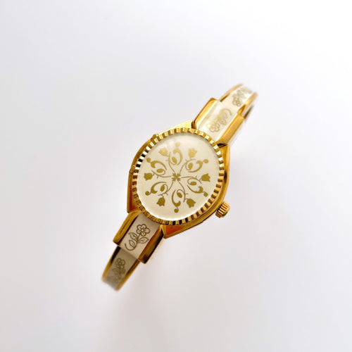 Vintage Andr√© Mouche Quartz Watch with Enamel Floral Design, Concealed Dial and Gold-Plated Bangle Bracelet