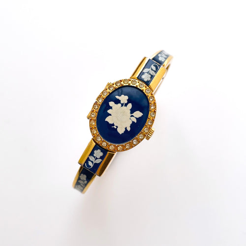 Vintage Andr√© Mouche Quartz Watch with Navy Enamel Floral Design, Concealead Dial and Gold-Plated Bangle Bracelet
