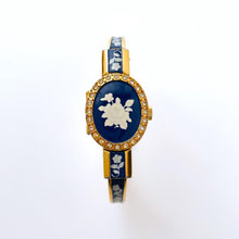 Load image into Gallery viewer, Vintage Andr√© Mouche Quartz Watch with Navy Enamel Floral Design, Concealead Dial and Gold-Plated Bangle Bracelet

