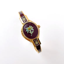 Load image into Gallery viewer, Vintage Andr√© Mouche Quartz Watch with Burgundy Enamel Floral Design, Concealead Dial and Gold-Plated Bangle Bracelet
