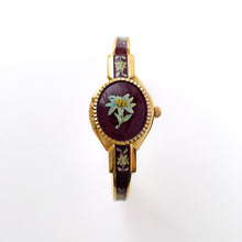 Load image into Gallery viewer, Vintage Andr√© Mouche Quartz Watch with Burgundy Enamel Floral Design, Concealead Dial and Gold-Plated Bangle Bracelet
