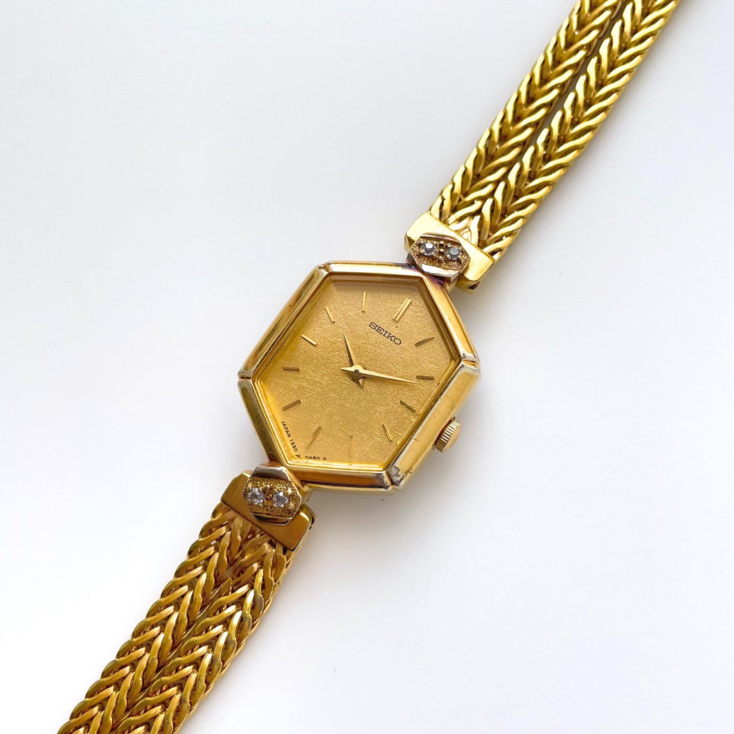 Rare 80s Gold-Plated Seiko Jewellery Quartz Watch with Hexagon Dial, Mesh Bracelet and 4 Diamonds