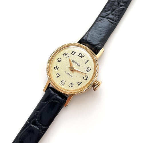 Vintage USSR Ladies' Sekonda Mechanical Watch with Black Leather Strap