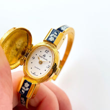 Load image into Gallery viewer, Vintage Andr√© Mouche Quartz Watch with Navy Enamel Floral Design, Concealead Dial and Gold-Plated Bangle Bracelet
