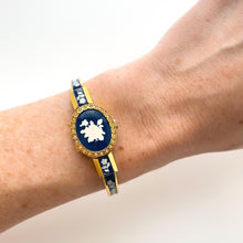 Load image into Gallery viewer, Vintage Andr√© Mouche Quartz Watch with Navy Enamel Floral Design, Concealead Dial and Gold-Plated Bangle Bracelet
