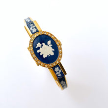 Load image into Gallery viewer, Vintage Andr√© Mouche Quartz Watch with Navy Enamel Floral Design, Concealead Dial and Gold-Plated Bangle Bracelet
