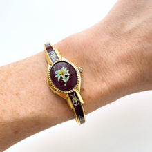 Load image into Gallery viewer, Vintage Andr√© Mouche Quartz Watch with Burgundy Enamel Floral Design, Concealead Dial and Gold-Plated Bangle Bracelet
