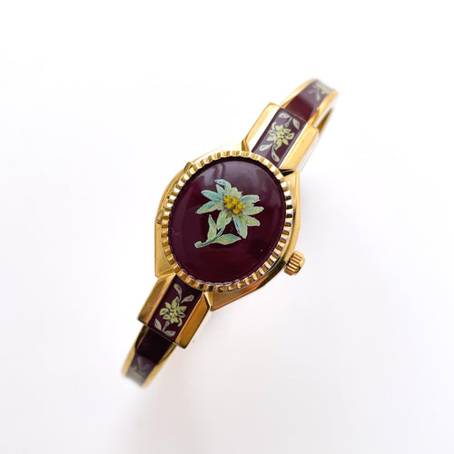 Vintage Andr√© Mouche Quartz Watch with Burgundy Enamel Floral Design, Concealead Dial and Gold-Plated Bangle Bracelet