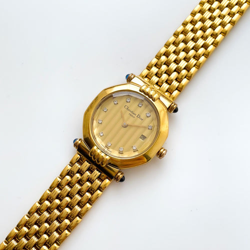Vintage Gold-Plated Christian Dior Ladies' Quartz Watch with Crystal-Set Dial and Faceted Glass