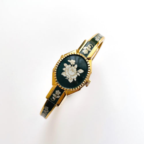 Vintage Andr√© Mouche Quartz Watch with Dark Green Enamel Floral Design, Concealed Dial and Gold-Plated Bangle Bracelet