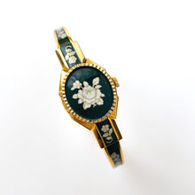 Load image into Gallery viewer, Vintage Andr√© Mouche Quartz Watch with Dark Green Enamel Floral Design, Concealed Dial and Gold-Plated Bangle Bracelet
