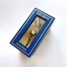 Load image into Gallery viewer, Vintage Andr√© Mouche Quartz Watch with Dark Green Enamel Floral Design, Concealed Dial and Gold-Plated Bangle Bracelet

