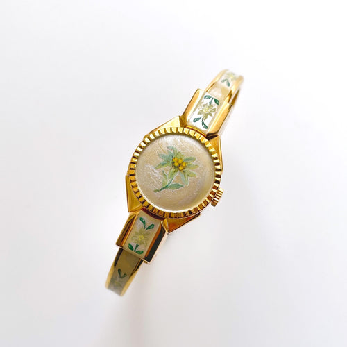 Vintage 1999 Andr√© Mouche Quartz Watch with Enamel Floral Design, Concealed Dial and Gold-Plated Bangle Bracelet