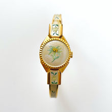 Load image into Gallery viewer, Vintage 1999 Andr√© Mouche Quartz Watch with Enamel Floral Design, Concealed Dial and Gold-Plated Bangle Bracelet
