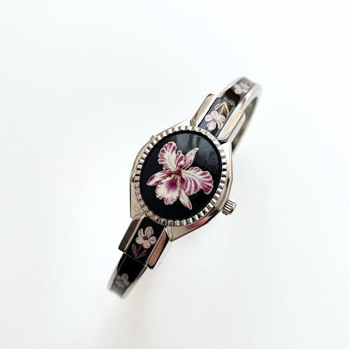 Vintage Andr√© Mouche Quartz Watch with Black & Purple Enamel Floral Design, Concealed Dial and Silver-Tone Bangle Bracelet