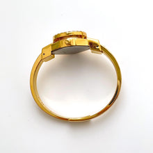 Load image into Gallery viewer, Vintage Andr√© Mouche Quartz Watch with Blue Enamel Floral Design, Concealed Dial and Gold-Plated Crystal-Set Bangle Bracelet
