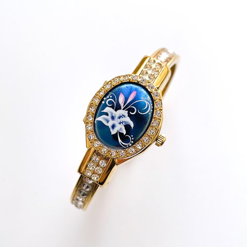 Vintage Andr√© Mouche Quartz Watch with Blue Enamel Floral Design, Concealed Dial and Gold-Plated Crystal-Set Bangle Bracelet