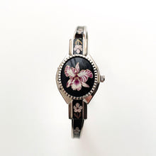 Load image into Gallery viewer, Vintage Andr√© Mouche Quartz Watch with Black &amp; Purple Enamel Floral Design, Concealed Dial and Silver-Tone Bangle Bracelet

