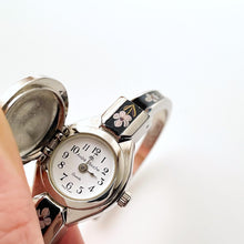 Load image into Gallery viewer, Vintage Andr√© Mouche Quartz Watch with Black &amp; Purple Enamel Floral Design, Concealed Dial and Silver-Tone Bangle Bracelet

