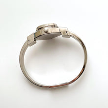 Load image into Gallery viewer, Vintage Andr√© Mouche Quartz Watch with Black &amp; Purple Enamel Floral Design, Concealed Dial and Silver-Tone Bangle Bracelet
