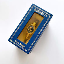 Load image into Gallery viewer, Vintage Andr√© Mouche Quartz Watch with Blue Enamel Floral Design, Concealed Dial and Gold-Plated Crystal-Set Bangle Bracelet
