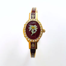 Load image into Gallery viewer, Vintage Andr√© Mouche Quartz Watch with Burgundy Enamel Floral Design, Concealead Dial and Gold-Plated Bangle Bracelet
