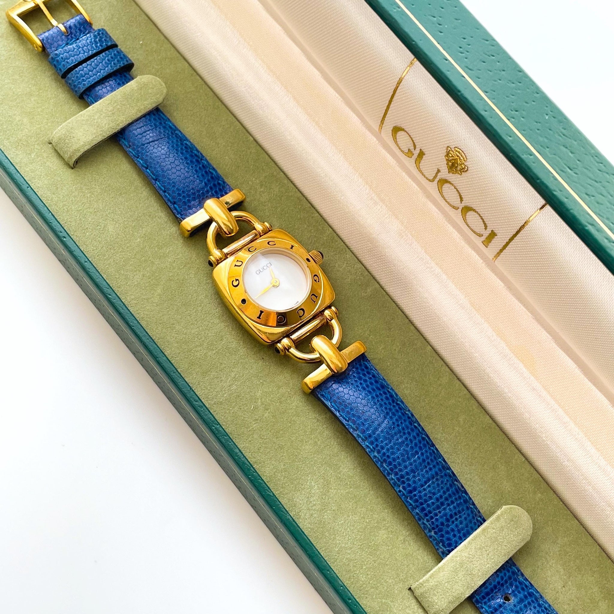 1990s Gucci 6300L Quartz Watch with White Dial and Blue Leather