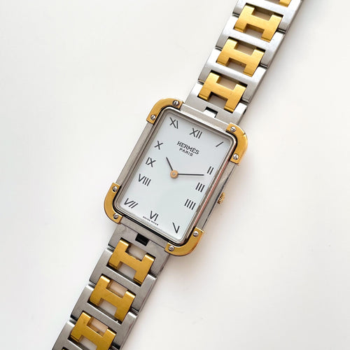 Vintage Two-Tone Herm√®s Rectangle Croisiere Unisex Quartz Watch with White Dial