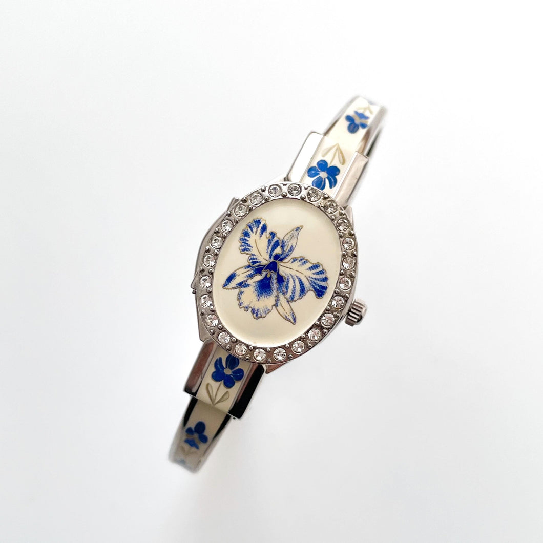 Vintage Andr√© Mouche Quartz Watch with Blue Enamel Floral Design, Concealed Dial and Silver-Tone Bangle Bracelet