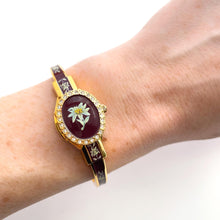 Load image into Gallery viewer, Vintage Andr√© Mouche Quartz Watch with Burgundy Enamel Floral Design, Concealead Dial and Gold-Plated Bangle Bracelet
